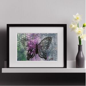 Original butterfly painting on paper - cool colors - purple, blue green black